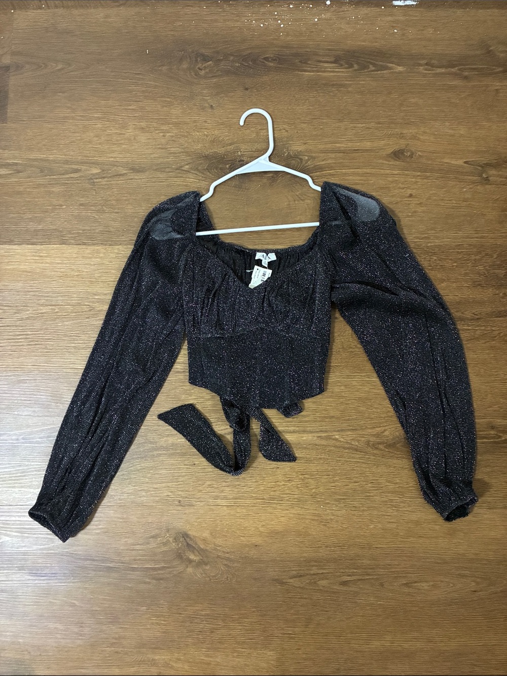 Sparkle Tie-Front Long-Sleeve Black Crop Top